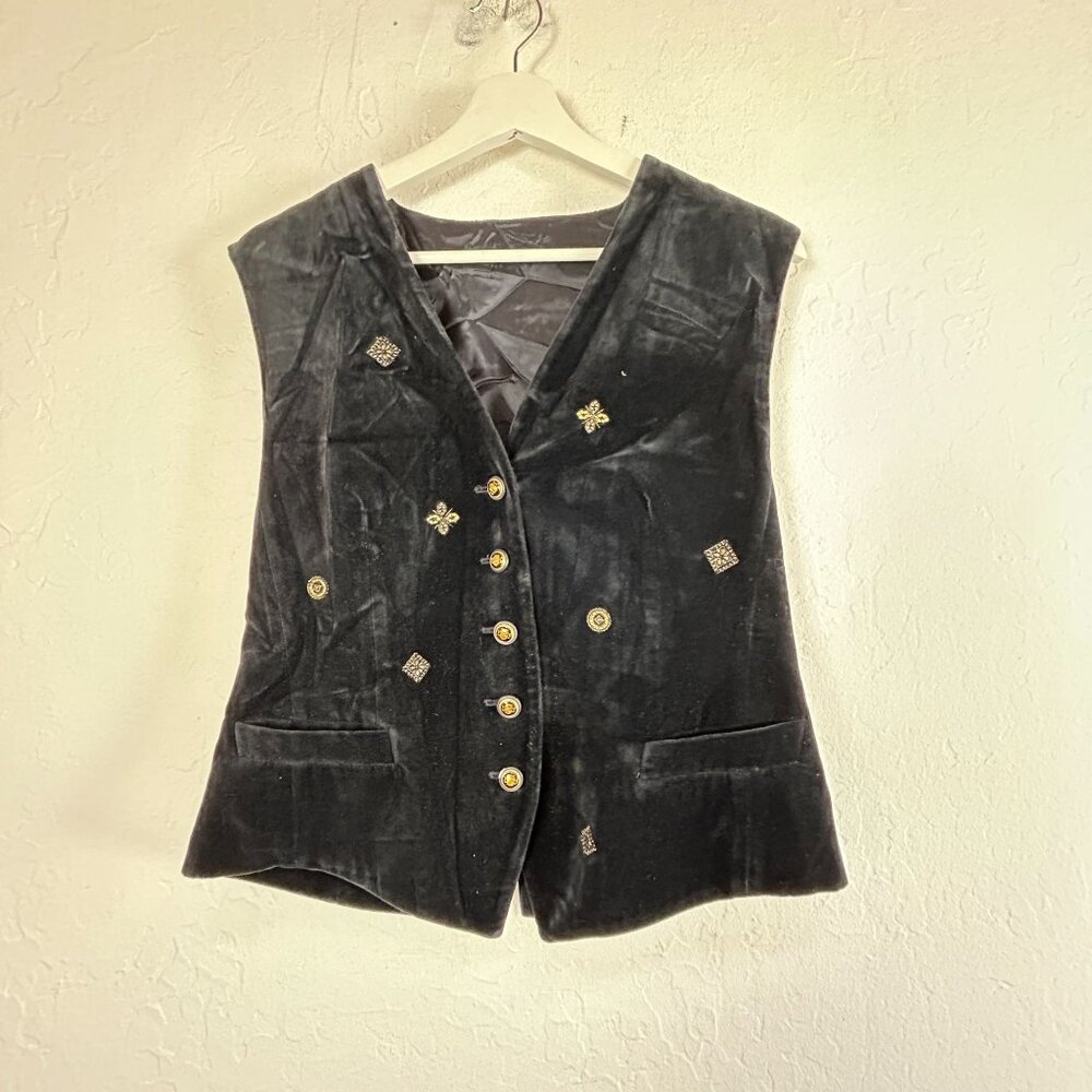 Horst Basler Women’s Black Velvet Vest 38 Embellished Gold Button Formal Lined